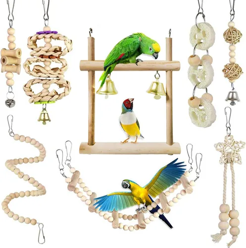 Vista 8 de 8 Pcs Toys Set for Active Birds Chewing and Climbing Fun Natural Wood for Parakeets Conures Macaws and Lovebirds