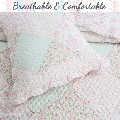 Vista 2 de Juego de ropa de cama reversible de algodón reversible de 3 piezas con diseño floral pastel de jardín de rosas, melocotón, verde, con volantes
