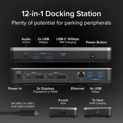 Vista 3 de Plugable Estación de acoplamiento dual 4K USB-C 12 en 1, funciona con certificado Chromebook, carga de 60 W para aulas y negocios, ChromeOS/Windows