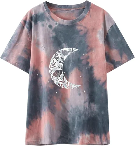 Vista 5 de Camiseta casual de manga corta con cuello redondo y estampado de teñido anudado para mujer