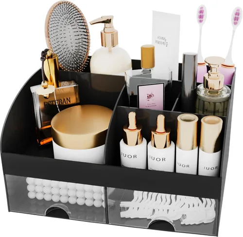 Vista 3 de Organizador de maquillaje con cajones, almacenamiento de cosméticos para tocador y encimera de baño, soporte de belleza para lápiz labial y brochas