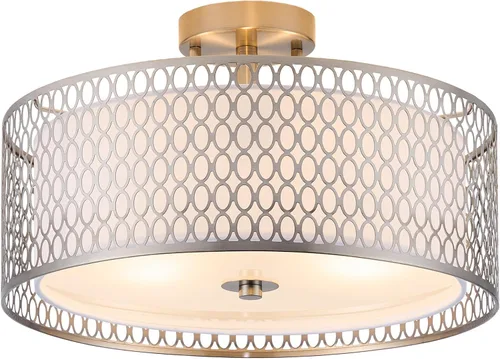 Vista 11 de Lámpara de techo semiempotrada de 17 pulgadas, moderna iluminación de techo E26 de doble tambor de 3 luces con jaula de malla de hierro negro mate