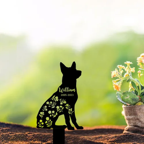 Vista 19 de Marcador de metal para tumbas para mascotas, nombre personalizado, estaca de jardín, perro, conmemorativo, alas de ángel, marcador de tumba, hueso