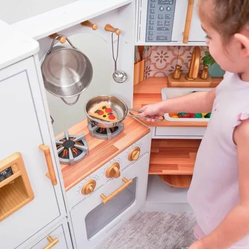Vista 7 de KidKraft Ultimate - Cocina de esquina de madera con luces y sonidos, teléfono de juego y cortinas, blanco Lazy Susan, cortinas, se adapta a dos