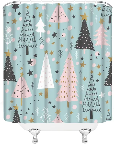 Vista 11 de GCTNBJL Cortina de ducha navideña para RV, diseño de árbol de pino, copo de nieve, estrella, bosque, vacaciones de invierno, naturaleza rústica