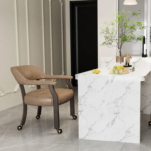 Vista 19 de Silla de comedor con ruedas y brazos, sillas de póker de PU, gris antiguo