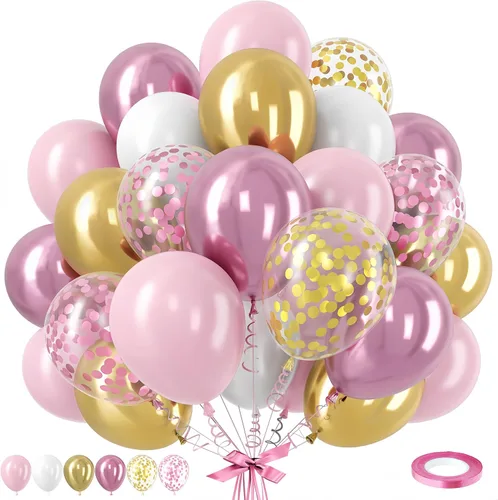 Vista 35 de Globos rosa y dorado, globo de látex rosa claro pastel de 12 pulgadas y blanco arena perla con globo metálico dorado champán beige para princesas