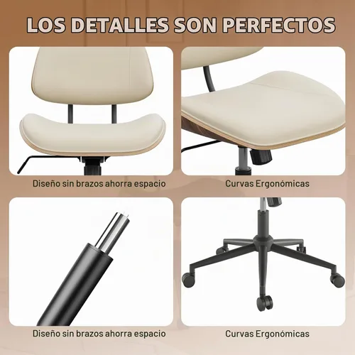 Vista 4 de Silla de oficina sin brazos con ruedas, silla de escritorio de cuero Beige