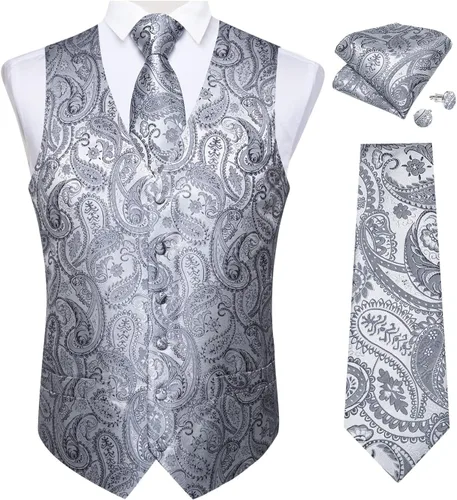 Vista 12 de DiBanGu Juego de chaleco y corbata para hombre, chaleco formal de cachemira y corbata con bolsillo cuadrado y gemelos, de seda, para traje o Verde