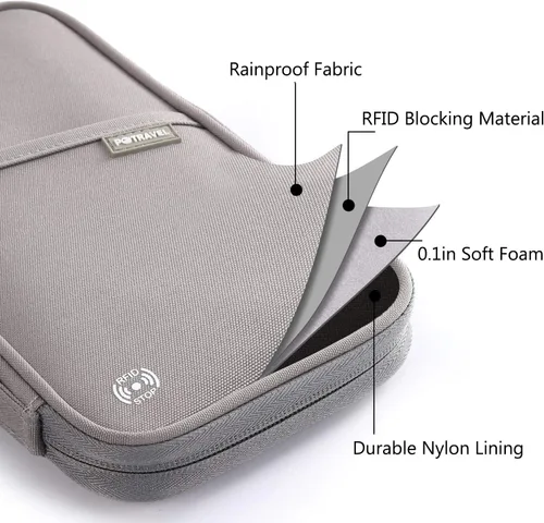 Vista 4 de VanFn Cartera RFID para pasaporte de viaje, soporte para pasaporte familiar, organizador de documentos de viaje serie P.Travel (nailon, gris)