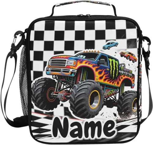 Vista 79 de Lonchera con patrón de cuadros blancos y negros, bolsa de almuerzo aislada, bolsa de preparación para niños, correa de hombro congelable a001