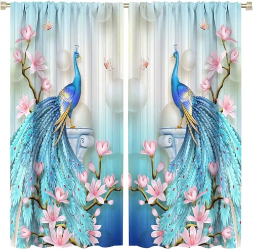 Vista 25 de Cortinas opacas de pavo real, hermoso patrón de estampado de flores de pavo real azul, estampado de mariposas y pavo real, juego de 2 paneles