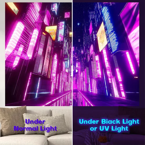 Vista 2 de NYZE Tapiz de luz negra de ciudad, tapiz de anime japonés, juego punk, fantasía, vista nocturna, paisaje urbano, arte futurista, neón, tapices