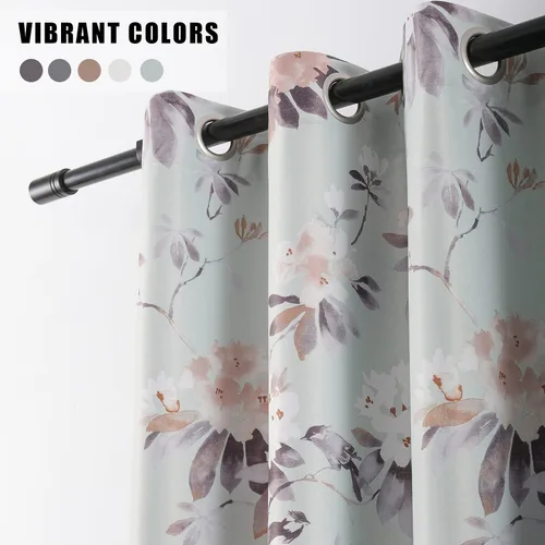 Vista 4 de Leeva - Cortinas de ventana para sala de estar, con estampado floral, cortinas de lino texturizado pesado con aislamiento térmico y oscurecimiento
