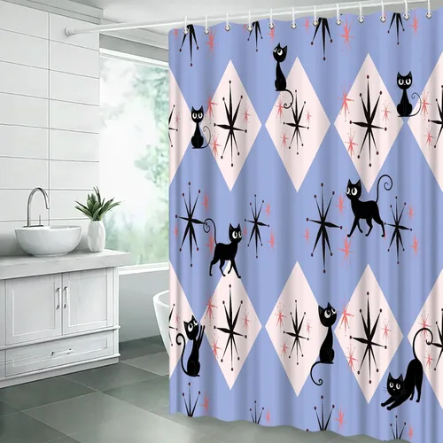 Vista 4 de Mid Century Atomic Black Cat Shower Curtain Blue Modern Abstract Geometric Minimalist Funny Boho 1950s Fabric Bathroom Decor Curtain with