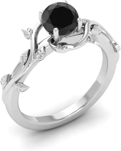 Vista 2 de Foreverblings Anillo de plata de ley 925, ónix negro, hojas de vid, anillo redondo de ónix negro, anillo de promesa, anillo de compromiso, regalo