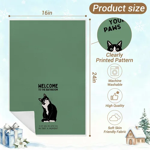 Vista 2 de Juego de 2 toallas de mano de baño con esmoquin verde retro, decoración de baño de gato, toallas de mano de gatito blanco y negro para baño, 16 x 24