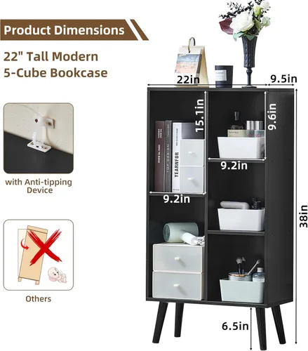 Vista 2 de LEYAOYAO Estantería de 5 cubos de 3 niveles con patas, estante negro menta para libros para niños, bonito organizador de almacenamiento, estantes