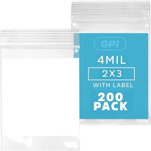 Vista 22 de GPI - 2" x 3" - Paquete a granel de 100, bolsas de plástico transparente con cierre de cremallera de 4 mil de grosor, resistentes, con bloque blanco