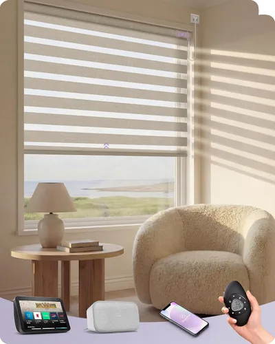 Vista 37 de Graywind Persianas motorizadas de cebra para ventanas, persianas inteligentes 100 % opacas con control remoto, persianas de cebra personalizadas