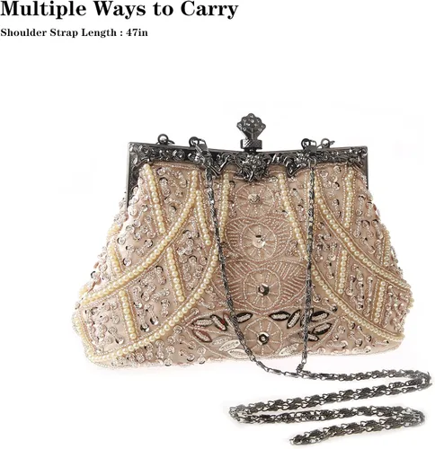 Vista 6 de DA BODAN Bolso de noche para mujer estilo vintage con cuentas y lentejuelas y perlas bolso de hombro para boda novia fiesta de graduación