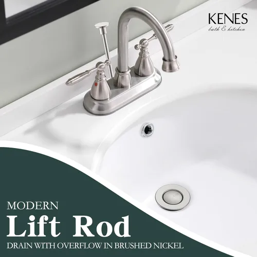 Vista 2 de KENES Conjunto de tapón de drenaje para lavabo de baño con varilla de elevación, drenaje de lavabo de níquel cepillado con desbordamiento, conjunto