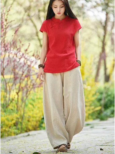 Vista 3 de IXIMO - Pantalones de lino y algodón holgados para mujer, con cintura elástica y ajuste relajado, estilo harén