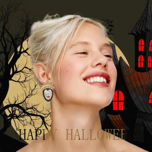 Vista 6 de Aretes de calabaza de aceite de goteo de cristal de Halloween, bonitos aretes de esmalte brillante para fiestas de disfraces de vacaciones, joyería