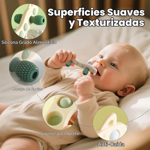 Vista 3 de Juguetes de dentición para bebés, mordedor de silicona para bebé, sin BPA, juguete sensorial masticable (verde)