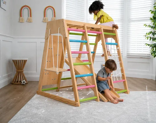 Vista 4 de Avenlur Magnolia Zona de juegos para interiores 7 en 1, gimnasio de la selva para niños de 2 a 6 años - Tobogán, pared de escalada, escalador