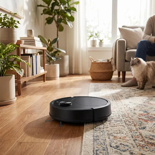 Vista 2 de Robot aspirador, potente aspirador robótico silencioso de succión limpia suelos duros a alfombras de pelo bajo, ideal para pelo de mascotas