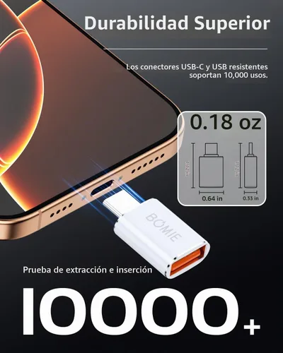 Vista 7 de BOMIE Adaptador USB C a USB Transferencia de datos de 10 Gbps para teléfono Blanco 2P
