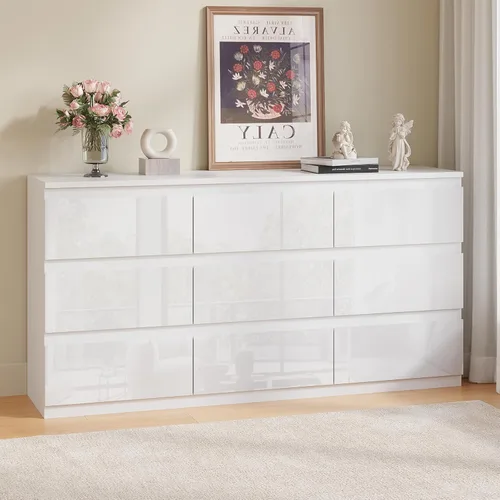 Vista 27 de Cómoda de madera negra para dormitorio, 5 cajones para almacenamiento de ropa, cómoda moderna con cajones anchos, cómoda de madera amplia para sala