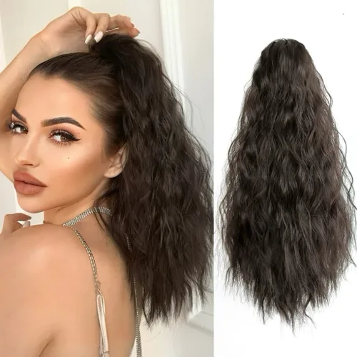 Vista 20 de Extensión de cola de caballo de garra negra natural ondulada de 16 pulgadas, extensiones de cabello sintético rizado con clip, extensiones