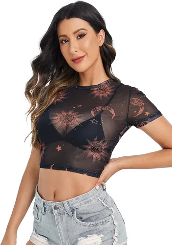 Vista 5 de Sweatyrocks - Blusa de manga corta de tela de malla transparente para mujer