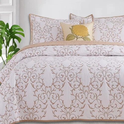 Vista 6 de Querencia Colcha de Algodón Tamaño Queen - Cubrecama de Algodón Bordada Beige, Colcha Tostada Ropa de Cama Toile de Campo Francés, Juego