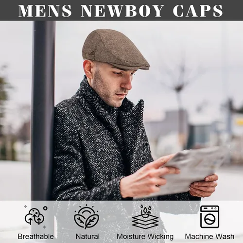 Vista 5 de Senker Fashion - Paquete de 2 gorras Newsboy para hombre, ajustables, de espiga, de tweed, de mezcla de lana, gorra plana Ivy, gorra de taxista