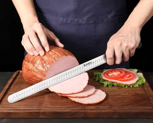 Vista 4 de Cuchillo de trinchar de 12 pulgadas con borde de Granton afilado para corte de carne y pavo de pechuga, hoja de acero inoxidable con mango