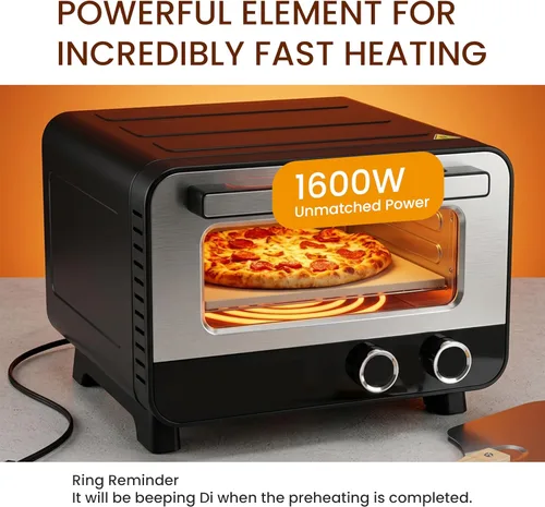 Vista 5 de Simple Deluxe Horno eléctrico para pizza de interior de 1600 W, 6 modos de cocción para pizza de 12 pulgadas, calentamiento rápido con control