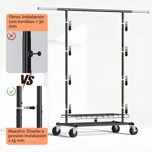 Vista 4 de Perchero resistente – Carga de 500 libras, perchero con ruedas y estantes con cerradura, estante extensible para dormitorio, lavandería, sala