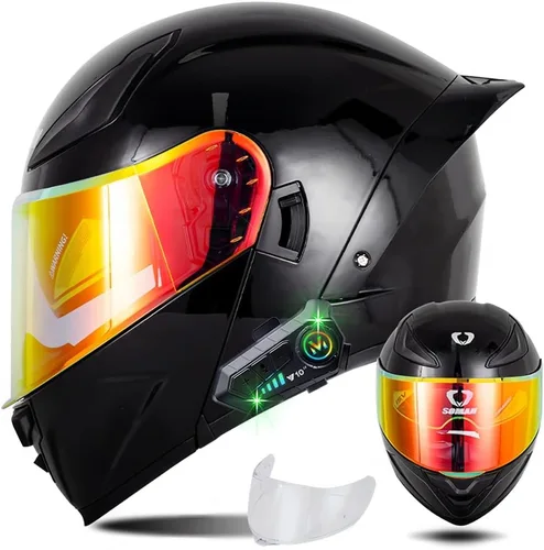 Vista 11 de Casco modular de motocicleta con Bluetooth, casco de motocicleta abatible de cara completa para hombres y mujeres con visera tintada y transparente
