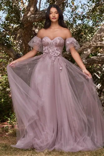 Vista 3 de Vestidos de fiesta de tul con purpurina con mangas 2023 con hombros descubiertos y flores 3D, vestidos de fiesta de noche con abertura