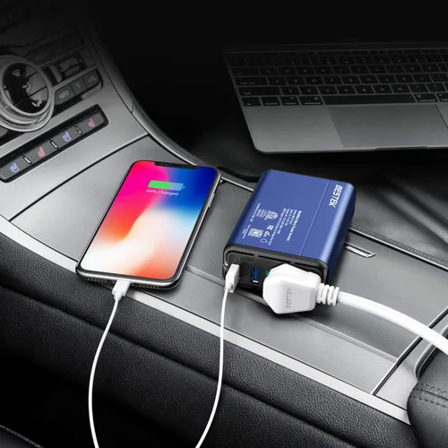 Vista 2 de BESTEK Inversor de corriente 150W DC 12V a 110V Convertidor de CA 4.2A Dual USB Adaptador de enchufe de coche Convertidor de salida (azul)