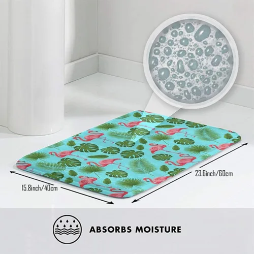 Vista 3 de Alfombra de cocina de poliéster antideslizante verde con hojas de plátano y palmeras tropicales, bonito pájaro exótico, flamenco rosa, tapete