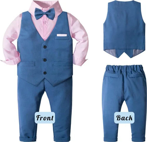 Vista 2 de Yilaku Ropa de vestir para niño pequeño, traje formal con chaleco, camisa y pantalones, conjuntos de caballero para niños de 2 a 7 años