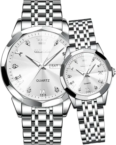 Vista 60 de OLEVS Reloj para parejas para él y ella, reloj analógico de cuarzo para hombres y mujeres, de acero inoxidable, impermeable, luminoso, fecha, reloj