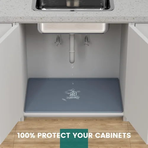 Vista 5 de Tapete para debajo del fregadero, bandeja de silicona para gabinete de cocina de 25 x 22 pulgadas, impermeable y flexible para debajo del fregadero