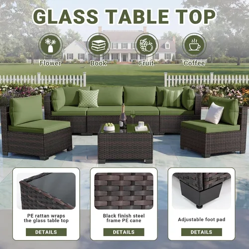Vista 5 de LEVELEVE Juego de muebles de patio al aire libre, sofá seccional de conversación de ratán de tejido manual con mesa de centro de vidrio templado