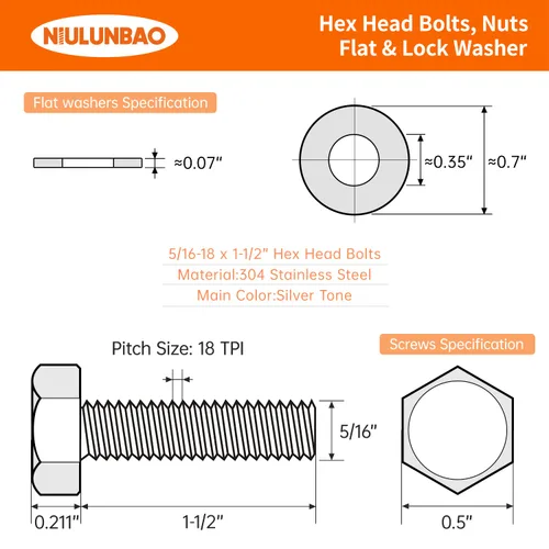 Vista 2 de Kit surtido de tornillos de cabeza hexagonal de 5/16-18 x 1-1/2 pulgadas, tuercas, arandelas planas y de bloqueo, acero inoxidable 304 (18-8), rosca