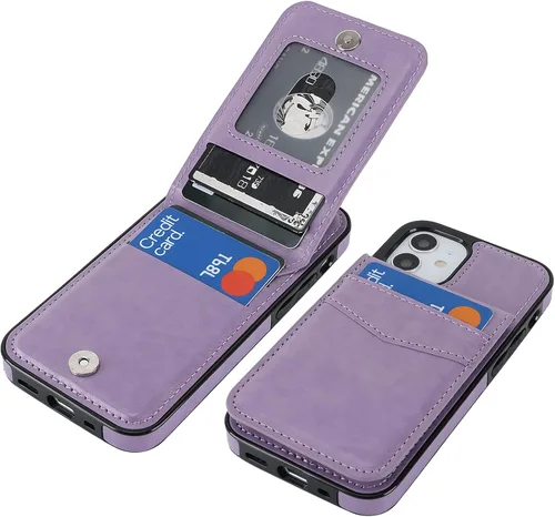 Vista 11 de KIHUWEY - Funda tipo cartera para iPhone 12 Mini, soporte para tarjetas, color negro Ranuras para tarjetas de crédito, piel sintética, cierre